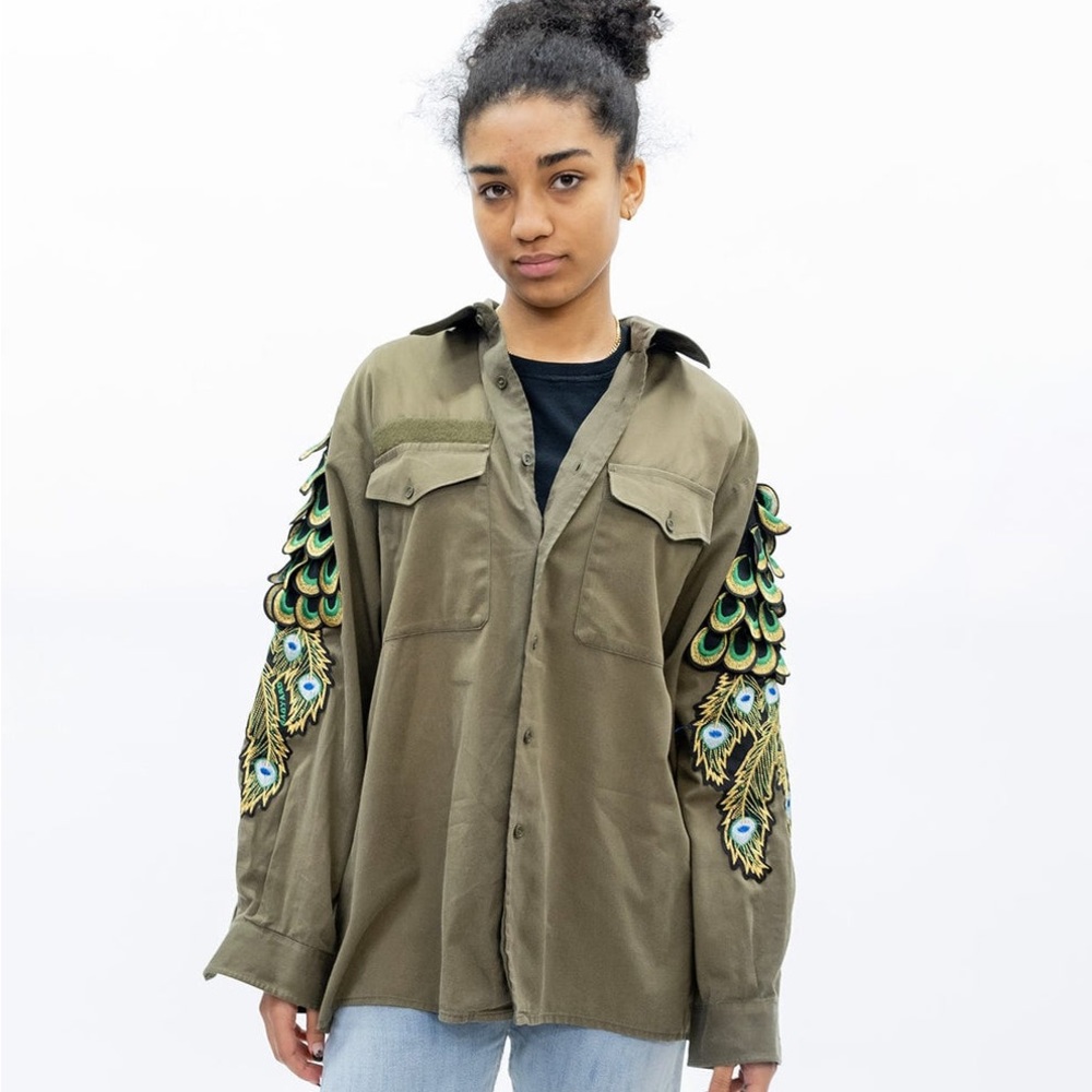 Ragyard Khaki‎ Peacock Patch Military Shirt Size XS